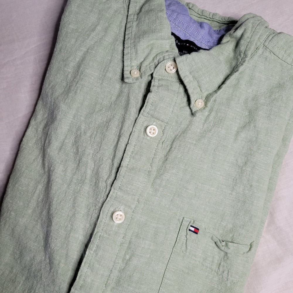 Tommy Hilfiger Mens XXL Sage Green Linen Cotton Blend Button Down Shirt Logo